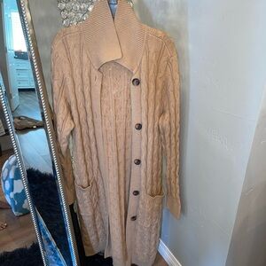Long Cable Knit Cardigan Sweater Coatigan in Camel